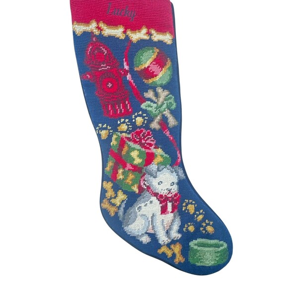 Lands' End Needlepoint Christmas Stocking Dogs Pet Wool Monogram Fast Shipping - Picture 3 of 10